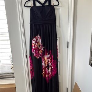 Black Maxi Dress with Pink Floral Design / Strapless or Halter Option